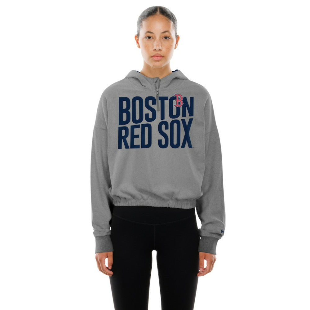 Boston Red Sox New Era Women's Reversed Out French Terry Quarter-Zip Banded Crop Hoodie - MLB