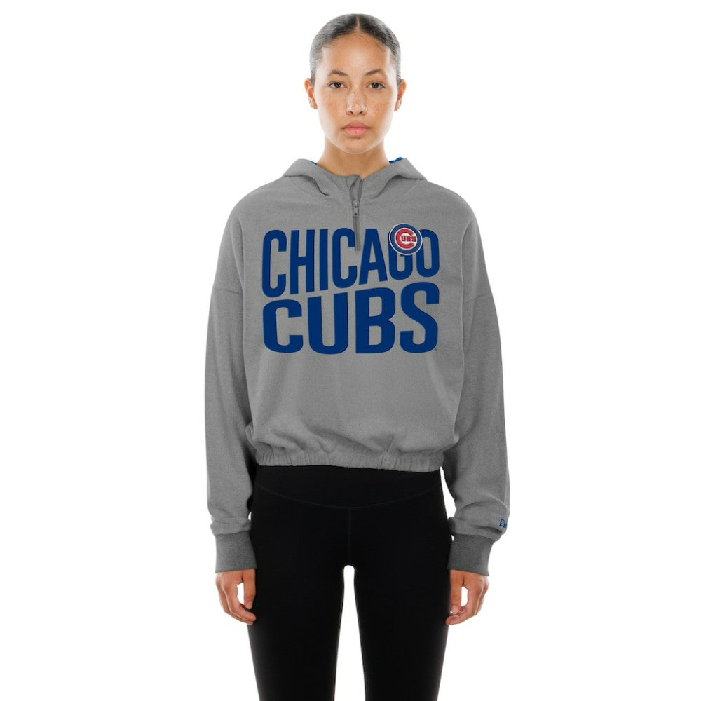 Chicago Cubs New Era Women's Reversed Out French Terry Quarter-Zip Banded Crop Hoodie - MLB