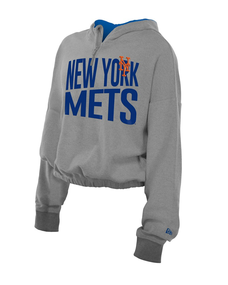 New York Mets New Era Women's Reversed Out French Terry Quarter-Zip Banded Crop Hoodie - MLB