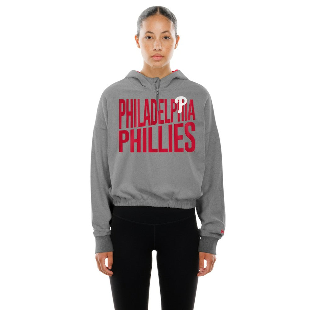 Philadelphia Phillies New Era Women's Reversed Out French Terry Quarter-Zip Banded Crop Hoodie - MLB