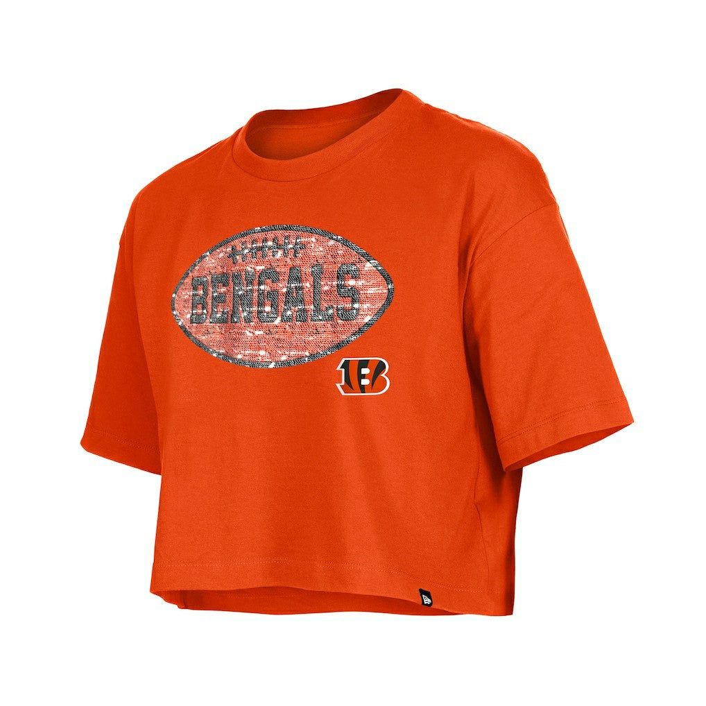 Cincinnati Bengals New Era Girl's Flip Sequin Boxy T-Shirt Orange | NFL