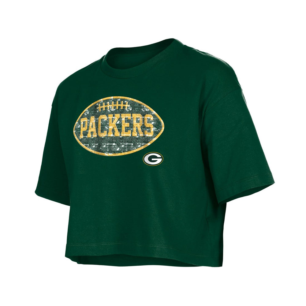 Green Bay Packers New Era Girl's Flip Sequin Boxy T-Shirt Green | NFL