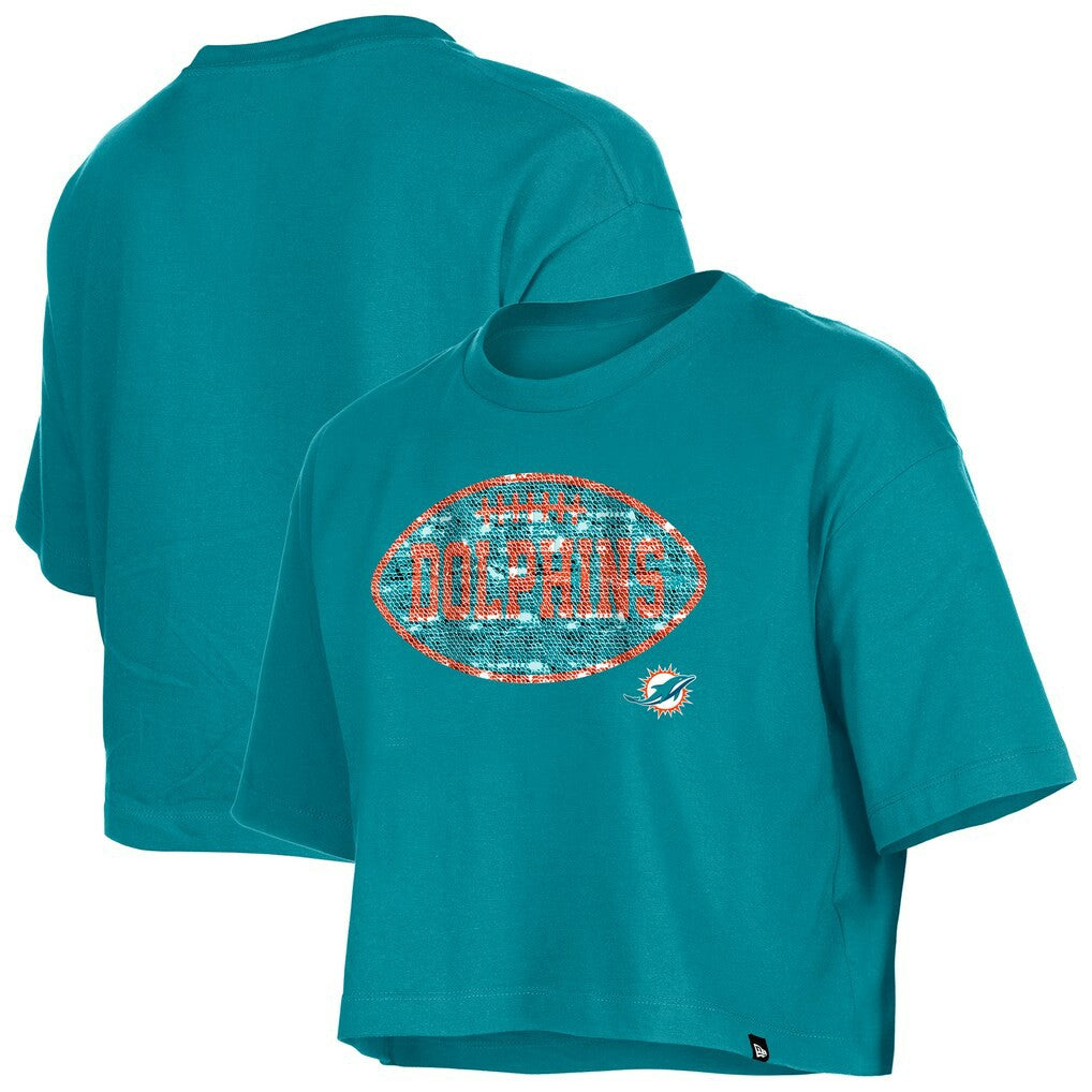 Miami Dolphins New Era Girl's Flip Sequin Boxy T-Shirt Aqua | NFL