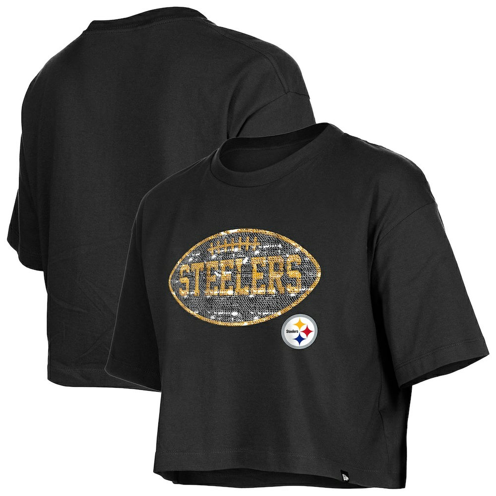 Pittsburgh Steelers New Era Girl's Flip Sequin Boxy T-Shirt Black | NFL
