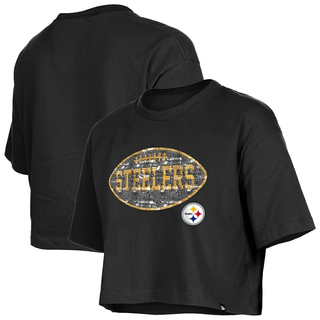 Pittsburgh Steelers New Era Girl's Flip Sequin Boxy T-Shirt Black | NFL