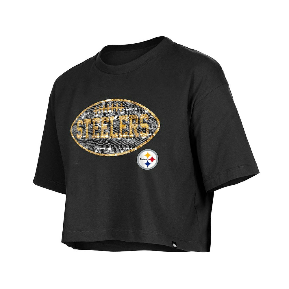 Pittsburgh Steelers New Era Girl's Flip Sequin Boxy T-Shirt Black | NFL
