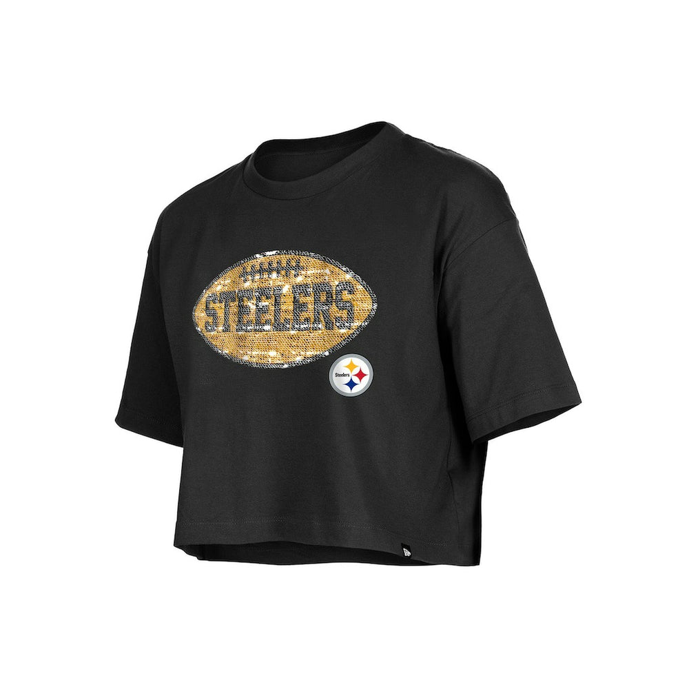 Pittsburgh Steelers New Era Girl's Flip Sequin Boxy T-Shirt Black | NFL