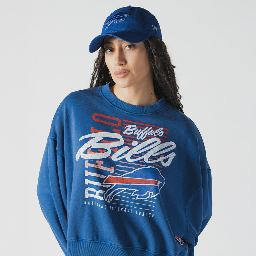 Buffalo Bills New Era Women's Oversized Throwback Mineral Wash Crew Neck Sweatshirt Royal | NFL