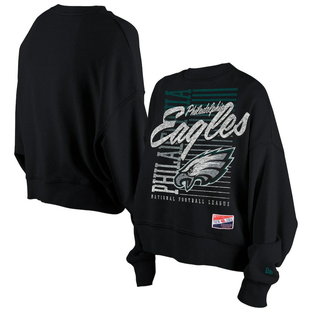 Philadelphia Eagles New Era Women's Oversized Throwback Mineral Wash Crew Neck Sweatshirt Black | NFL