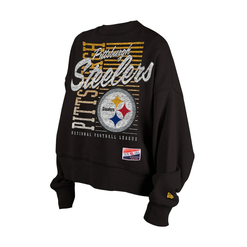 Pittsburgh Steelers New Era Women's Oversized Throwback Mineral Wash Crew Neck Sweatshirt Black | NFL
