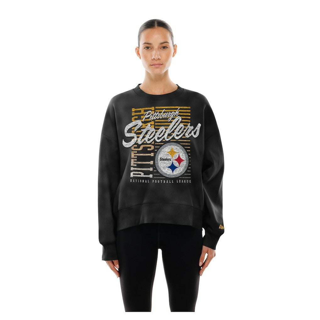 Pittsburgh Steelers New Era Women's Oversized Throwback Mineral Wash Crew Neck Sweatshirt Black | NFL