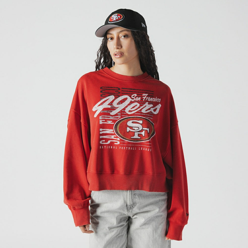 San Francisco 49ers New Era Women's Oversized Throwback Mineral Wash Crew Neck Sweatshirt Scarlet | NFL
