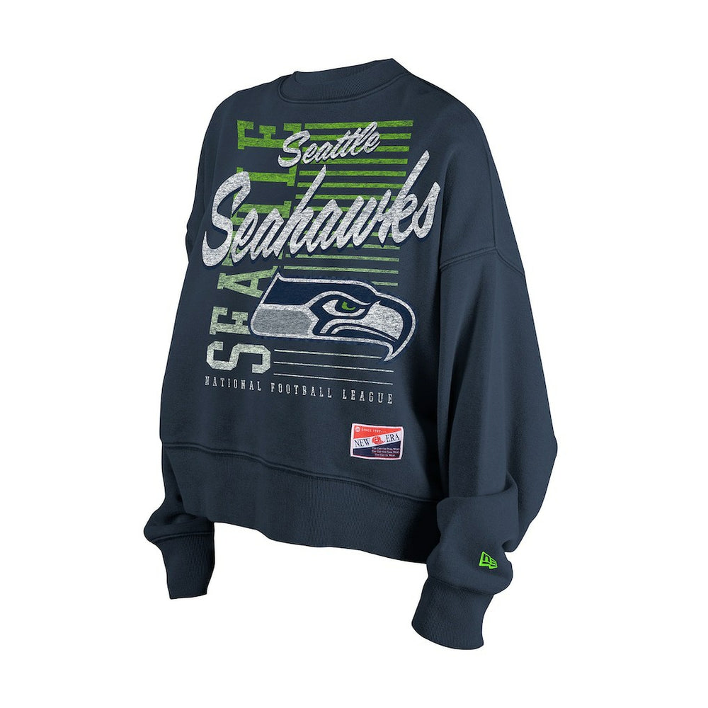 Seattle Seahawks New Era Women's Oversized Throwback Mineral Wash Crew Neck Sweatshirt College Navy | NFL