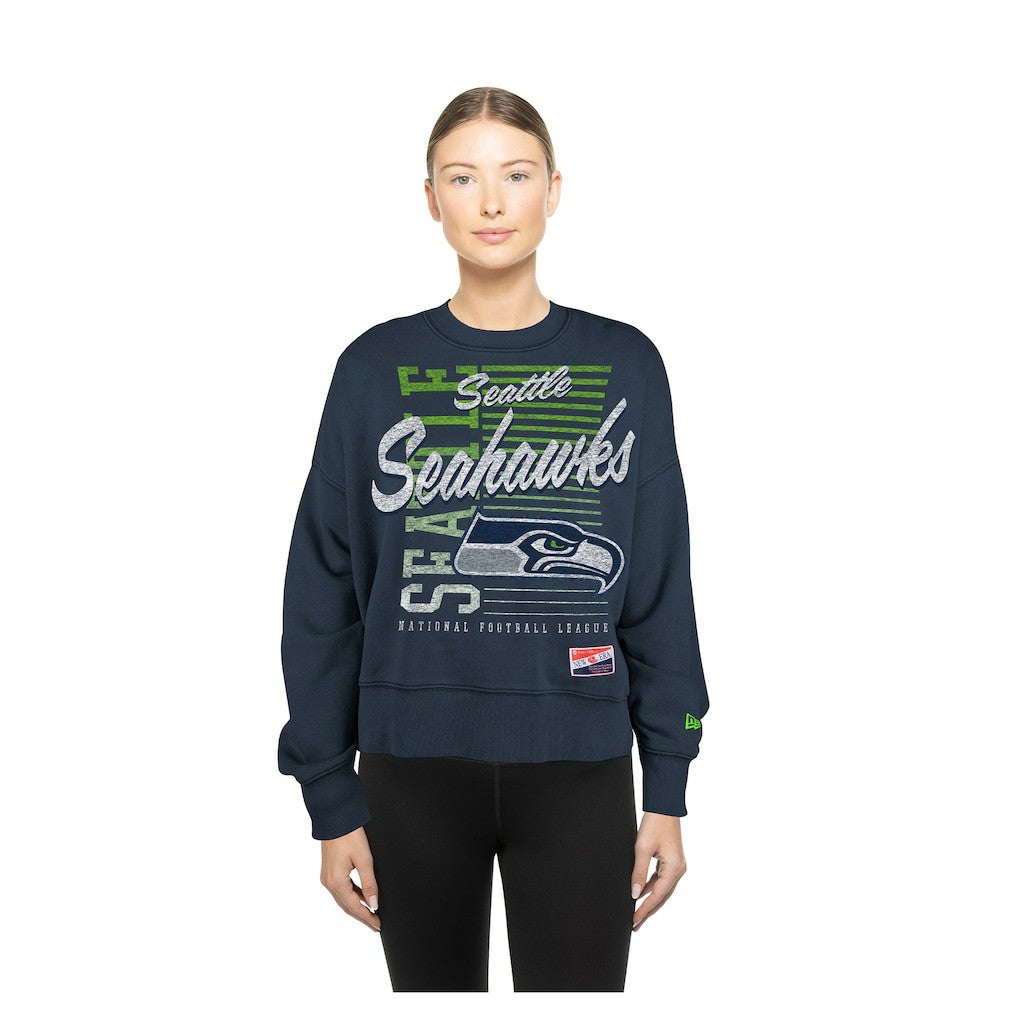 Seattle Seahawks New Era Women's Oversized Throwback Mineral Wash Crew Neck Sweatshirt College Navy | NFL