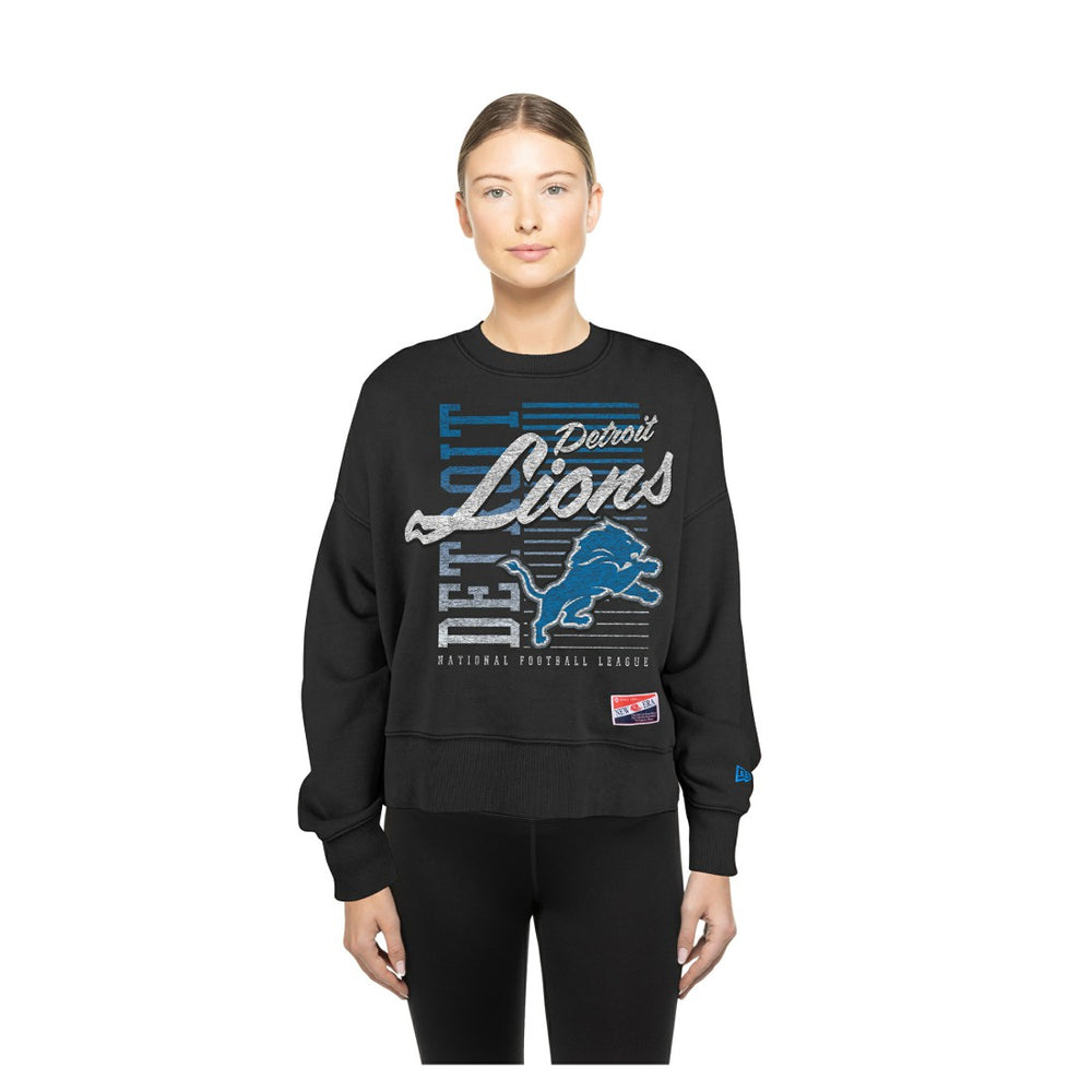 Detroit Lions New Era Women's Oversized Throwback Mineral Wash Crew Neck Sweatshirt Black | NFL