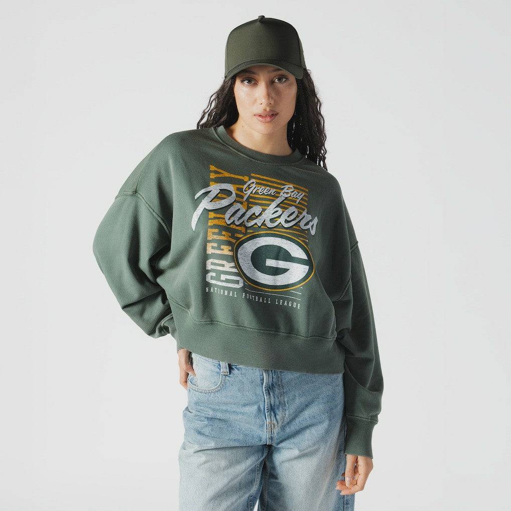 Green Bay Packers New Era Women's Oversized Throwback Mineral Wash Crew Neck Sweatshirt Green | NFL