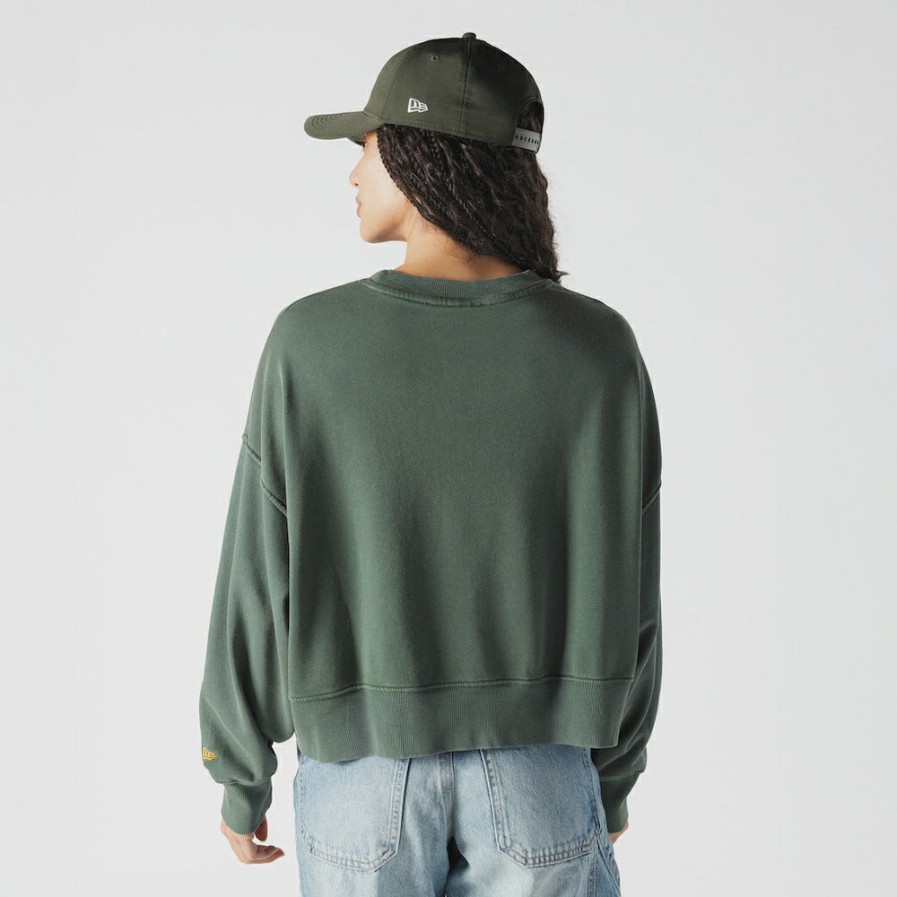 Green Bay Packers New Era Women's Oversized Throwback Mineral Wash Crew Neck Sweatshirt Green | NFL