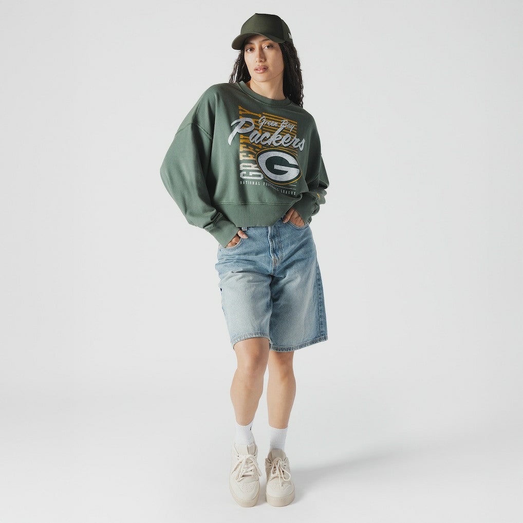 Green Bay Packers New Era Women's Oversized Throwback Mineral Wash Crew Neck Sweatshirt Green | NFL