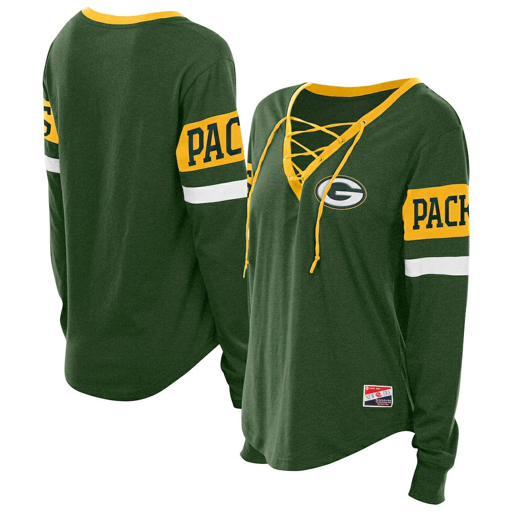 Green Bay Packers New Era Women's Throwback Lace-Up Long-Sleeve T-Shirt Green | NFL