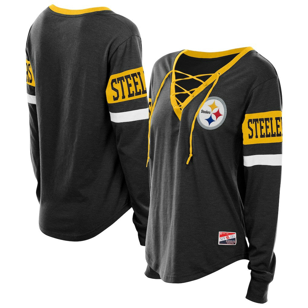 Pittsburgh Steelers New Era Women's Throwback Lace-Up Long-Sleeve T-Shirt Black | NFL