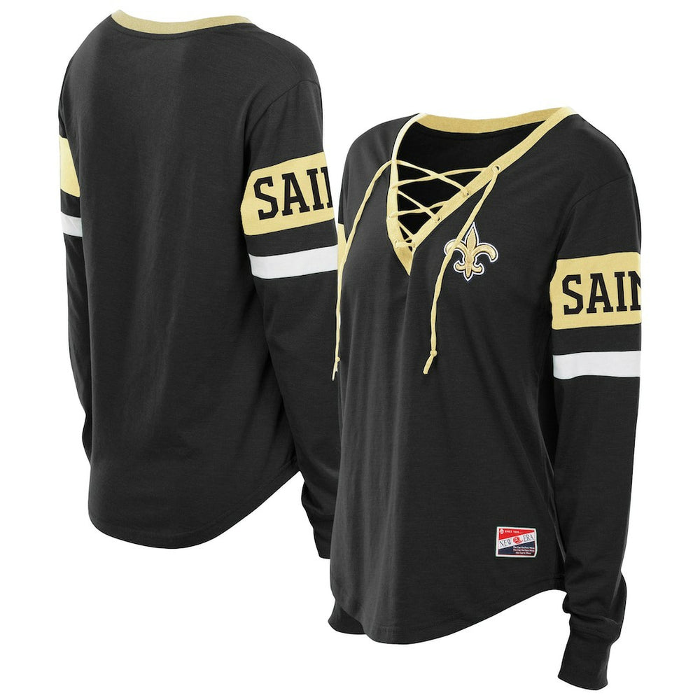 New Orleans Saints New Era Women's Plus Size Throwback Lace-Up Long Sleeve T-Shirt Black | NFL