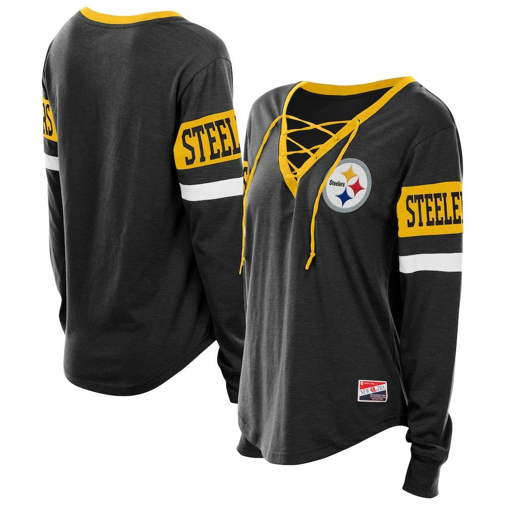 Pittsburgh Steelers New Era Women's Plus Size Throwback Lace-Up Long Sleeve T-Shirt Black | NFL