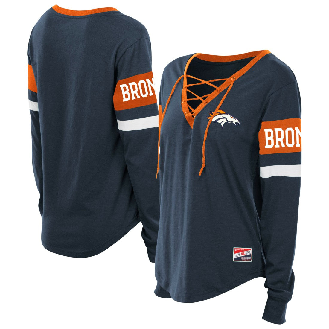 Denver Broncos New Era Women's Plus Size Throwback Lace-Up Long Sleeve T-Shirt Navy | NFL
