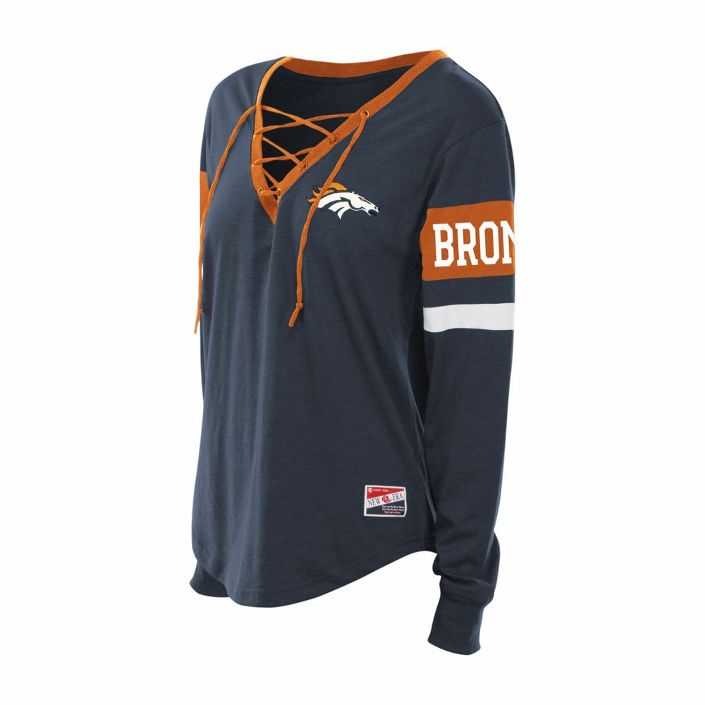 Denver Broncos New Era Women's Plus Size Throwback Lace-Up Long Sleeve T-Shirt Navy | NFL