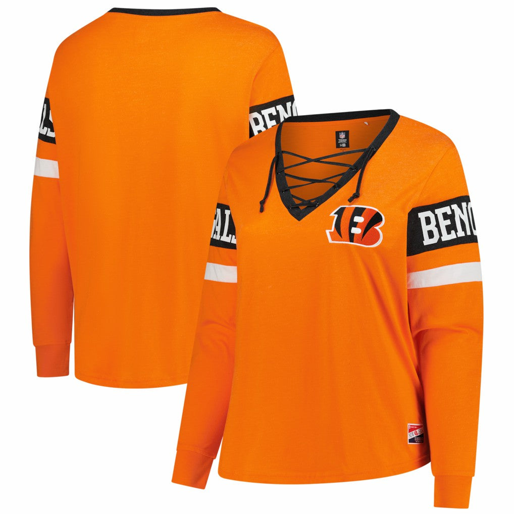 Cincinnati Bengals New Era Women's Plus Size Throwback Lace-Up Long Sleeve T-Shirt Orange | NFL