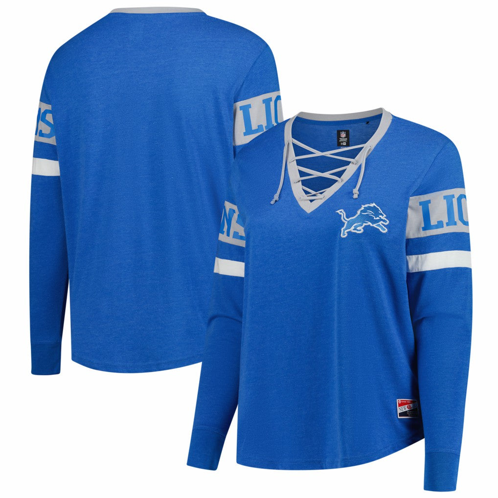 Detroit Lions New Era Women's Plus Size Throwback Lace-Up Long Sleeve T-Shirt Blue | NFL