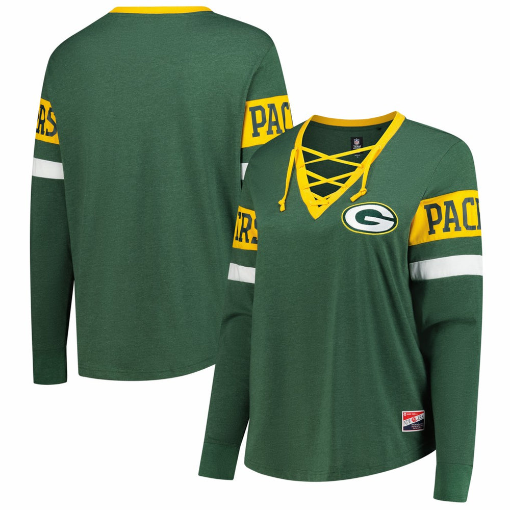 Green Bay Packers New Era Women's Plus Size Throwback Lace-Up Long Sleeve T-Shirt Green | NFL