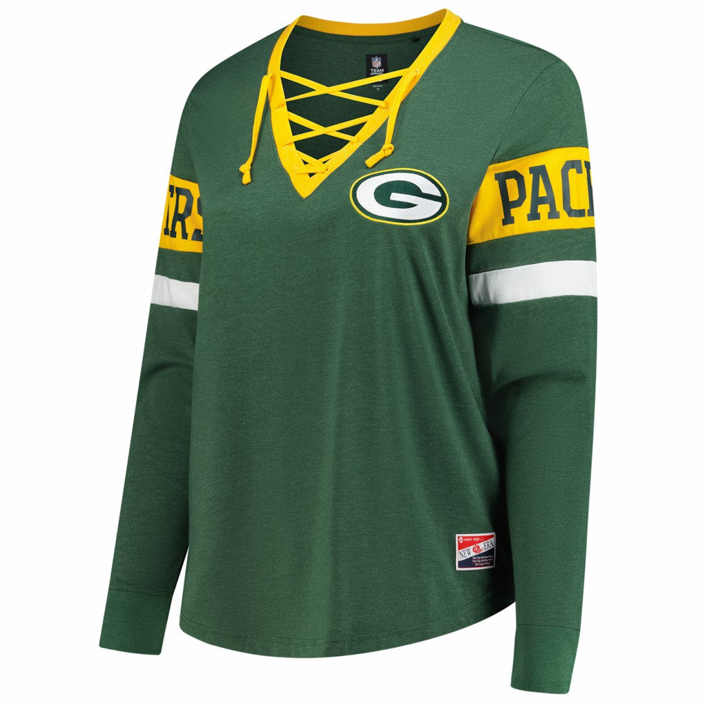 Green Bay Packers New Era Women's Plus Size Throwback Lace-Up Long Sleeve T-Shirt Green | NFL