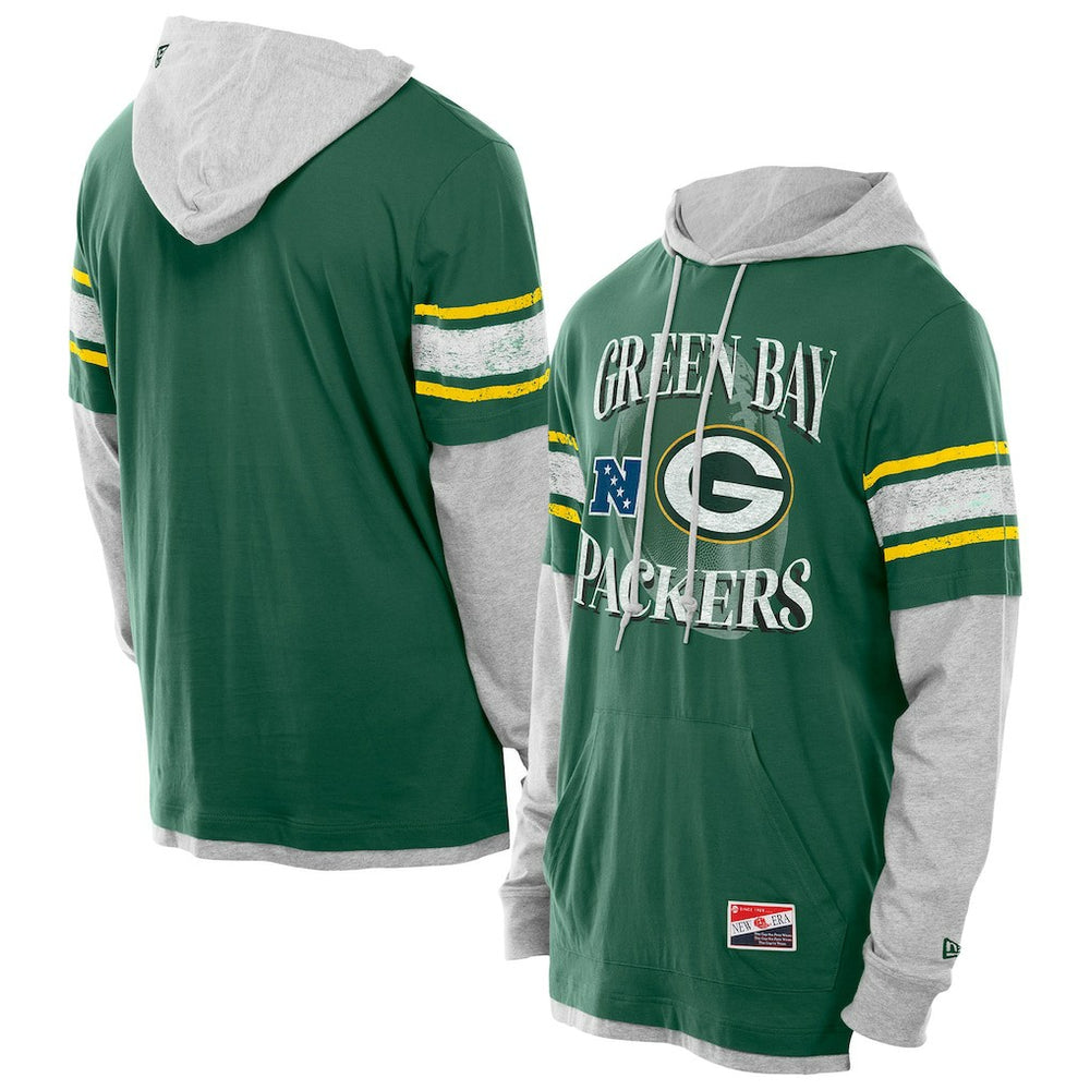 Green Bay Packers New Era Twofer Layered Long Sleeve Hoodie T-Shirt Green | NFL