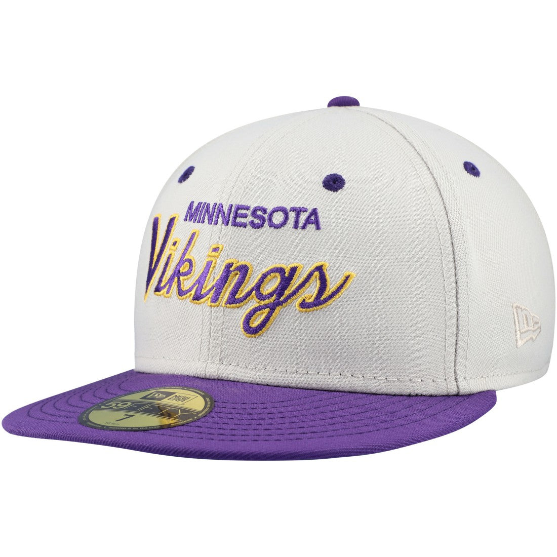Minnesota Vikings New Era Historic Script 59FIFTY Fitted Hat Cream/Purple | NFL