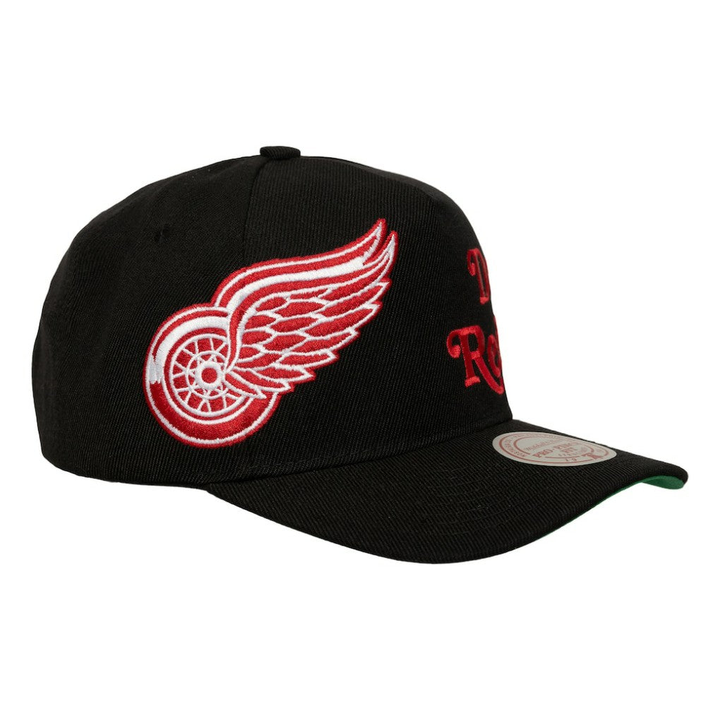 Detroit Red Wings Mitchell & Ness Busted Logo Wordmark Wrap-Around Pro Pinch Adjustable Hat - Black - NHL