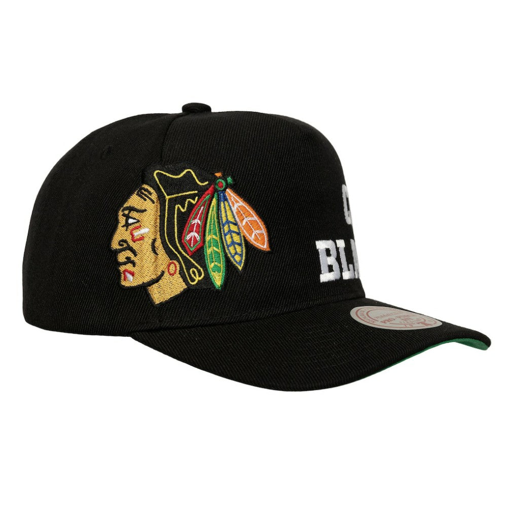 Chicago Blackhawks Mitchell & Ness Busted Logo Wordmark Wrap Around Pro Pinch Adjustable Hat - Black - NHL