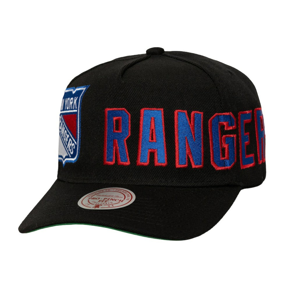 New York Rangers Mitchell & Ness Busted Logo Wordmark Wrap-Around Pro Pinch Adjustable Hat - Black - NHL