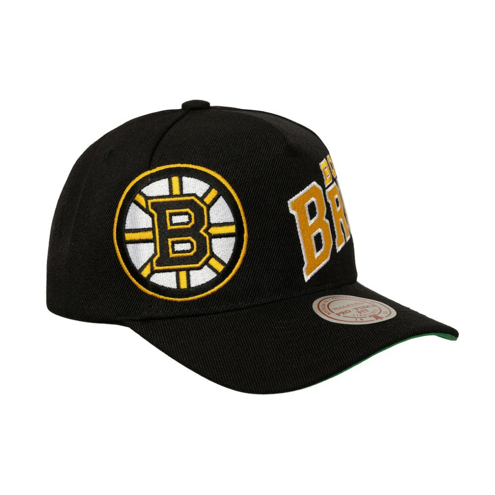 Boston Bruins Mitchell & Ness Busted Logo Wordmark Wrap-Around Pro Pinch Adjustable Hat - Black - NHL