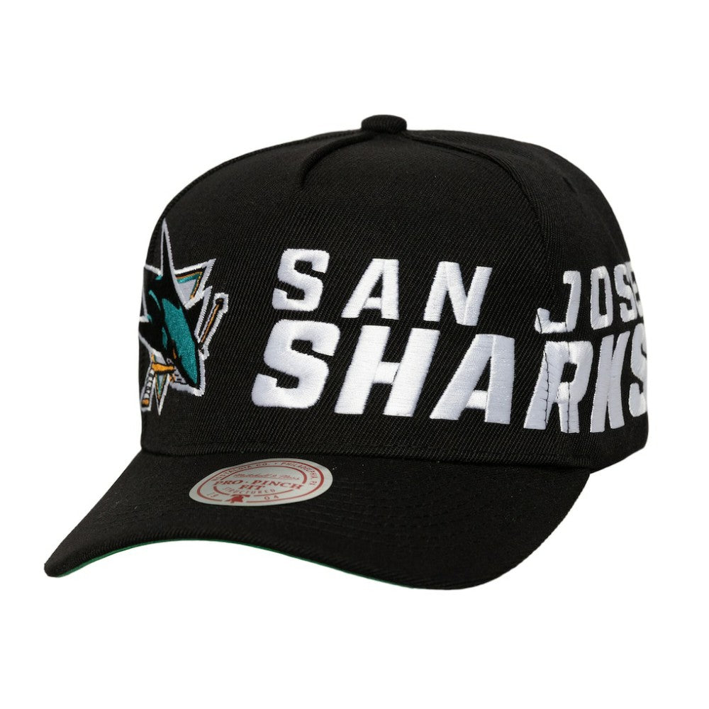 San Jose Sharks Mitchell & Ness Busted Logo Wordmark Wrap-Around Pro Pinch Adjustable Hat - Black - NHL