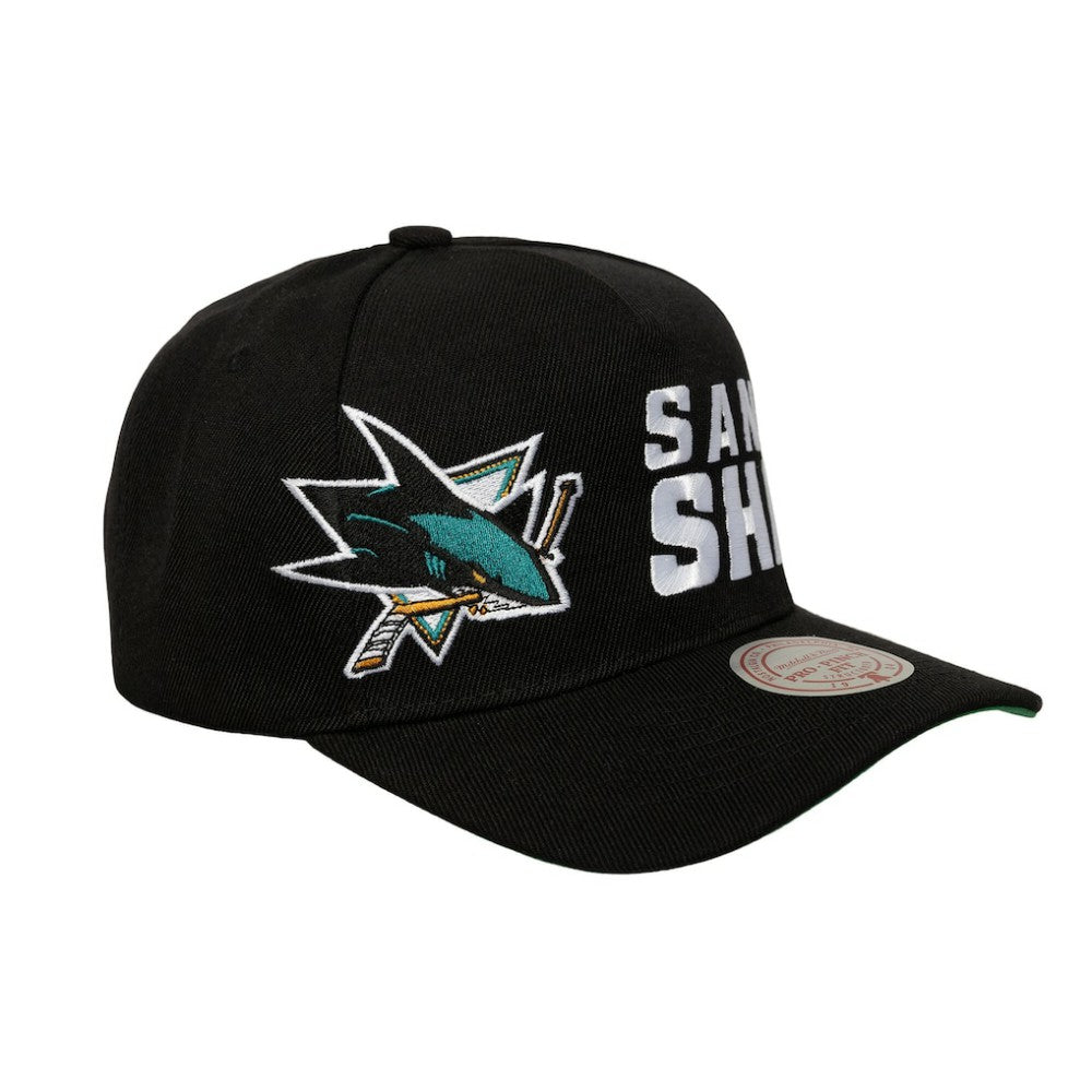San Jose Sharks Mitchell & Ness Busted Logo Wordmark Wrap-Around Pro Pinch Adjustable Hat - Black - NHL