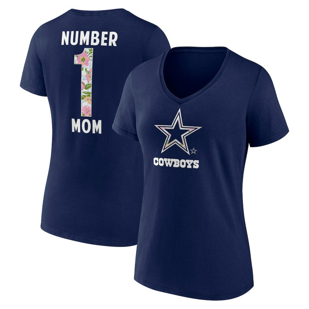 Dallas Cowboys Women's Floral Number 1 Mom V-Neck T-Shirt Navy | NFL