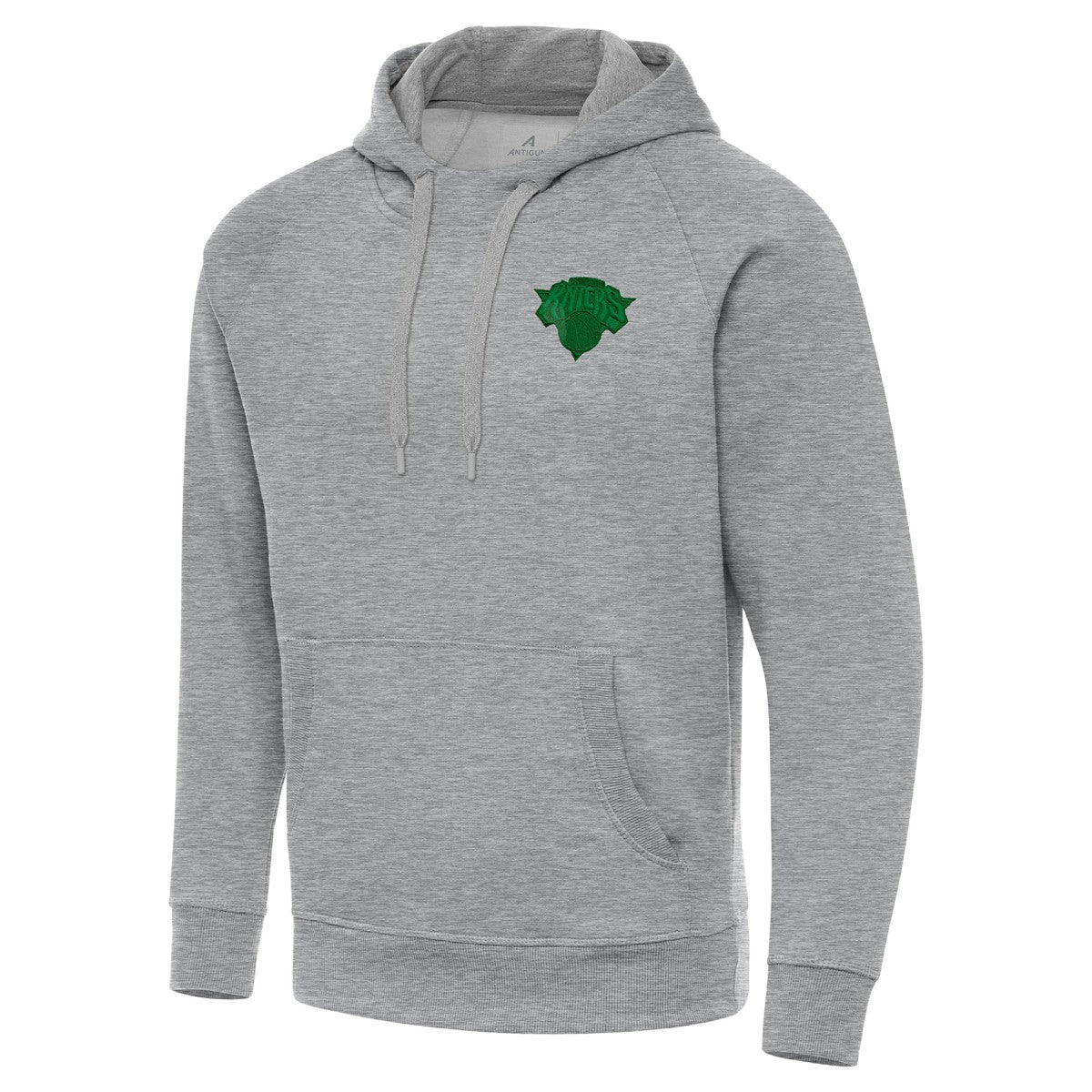 New York Knicks Antigua St. Patrick's Day Victory Raglan Pullover Hoodie Heather Gray - NBA