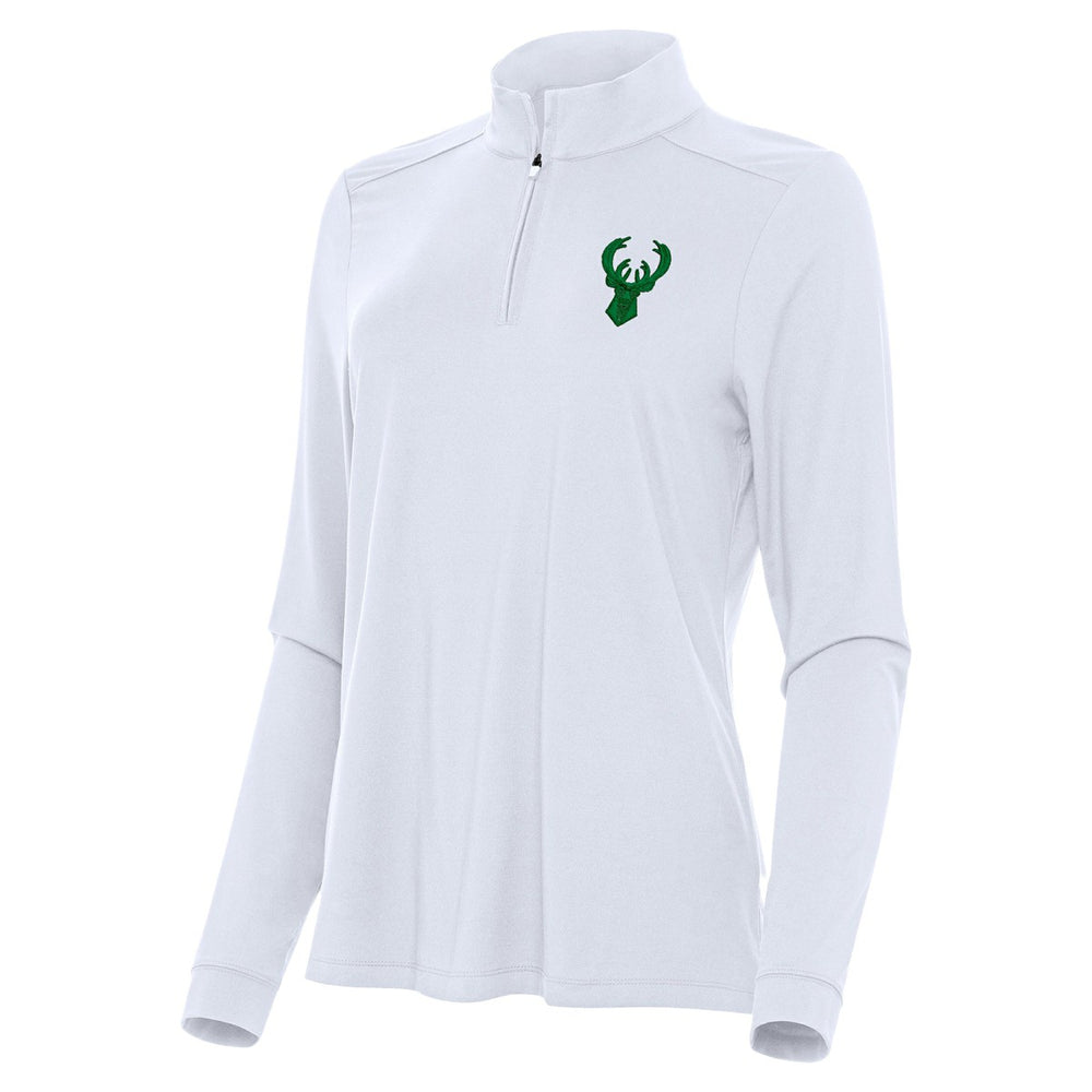 Milwaukee Bucks Antigua Women's St. Patrick's Day Intent Quarter-Zip Top White - NBA