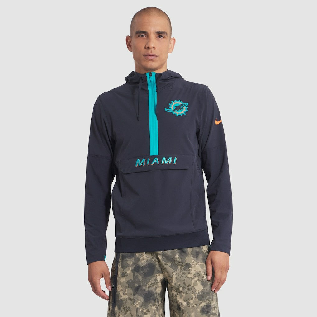 Miami Dolphins 2025 Rivalries Collection Sideline Anorak Half-Zip Hoodie Jacket Pitch Blue | Nike for Sale