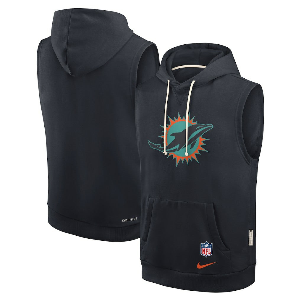 Miami Dolphins 2025 Rivalries Collection Standard Issue Sideline Dri-FIT Sleeveless Hoodie Pitch Blue | Nike for Sale