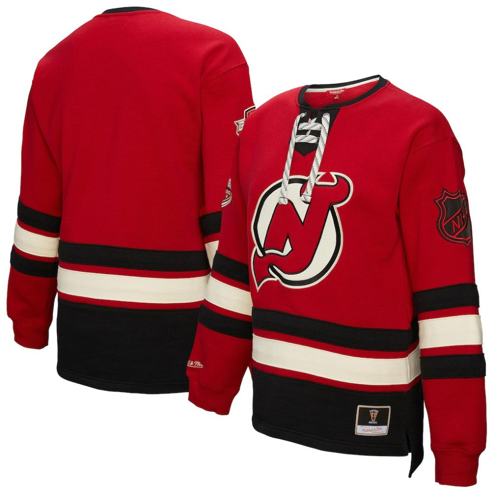 New Jersey Devils Mitchell & Ness Women's Heritage Lace-Up Pullover Sweatshirt - Red - NHL