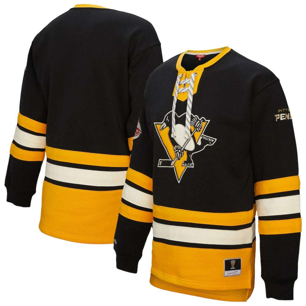 Pittsburgh Penguins Mitchell & Ness Women's Heritage Lace-Up Pullover Sweatshirt - Black - NHL