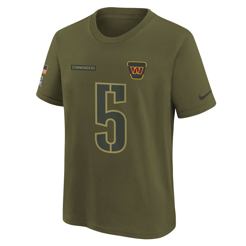 Jayden Daniels Washington Commanders Youth 2025 Salute to Service Name & Number T-Shirt Olive | Nike for Sale