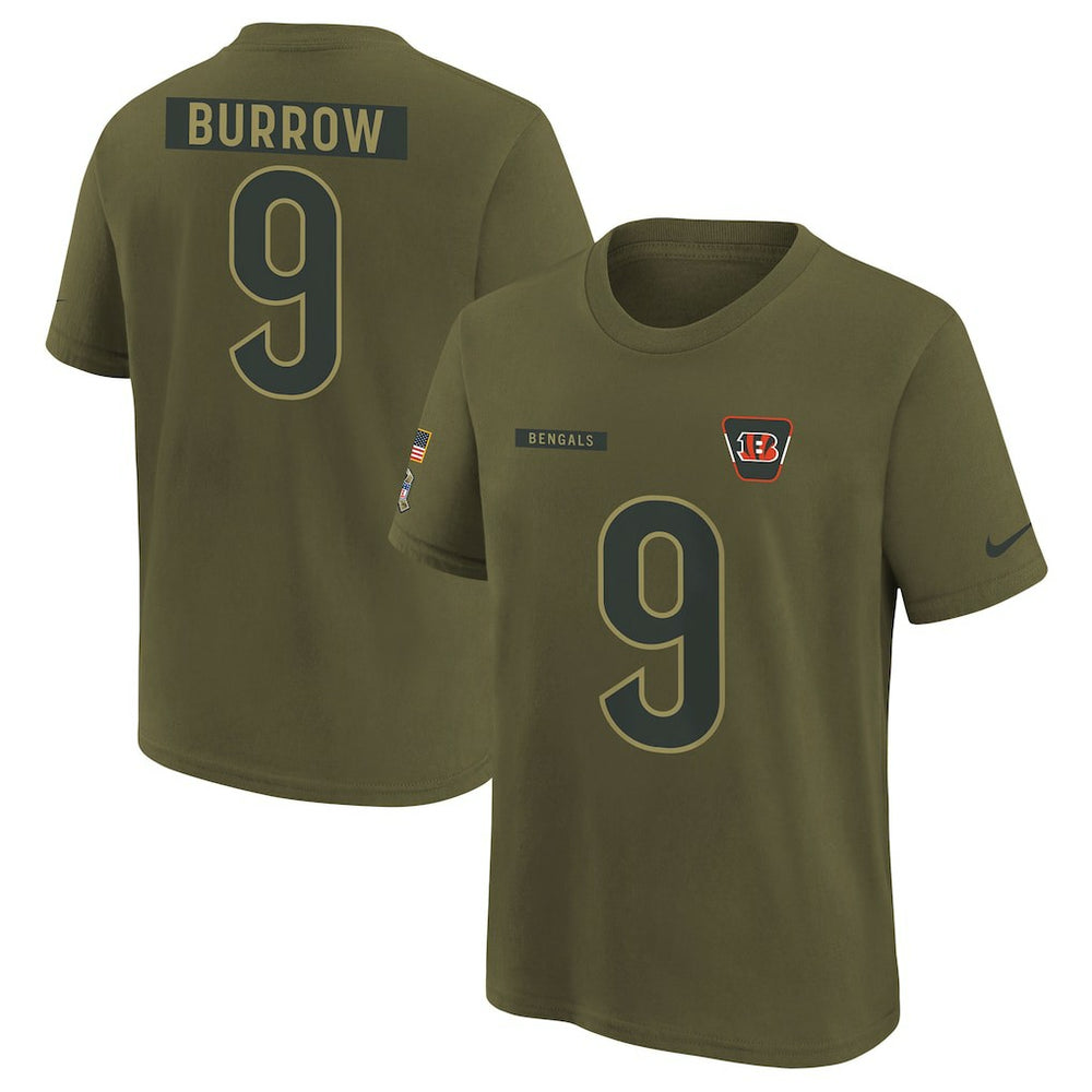 Joe Burrow Cincinnati Bengals Youth 2025 Salute to Service Name & Number T-Shirt Olive | Nike for Sale