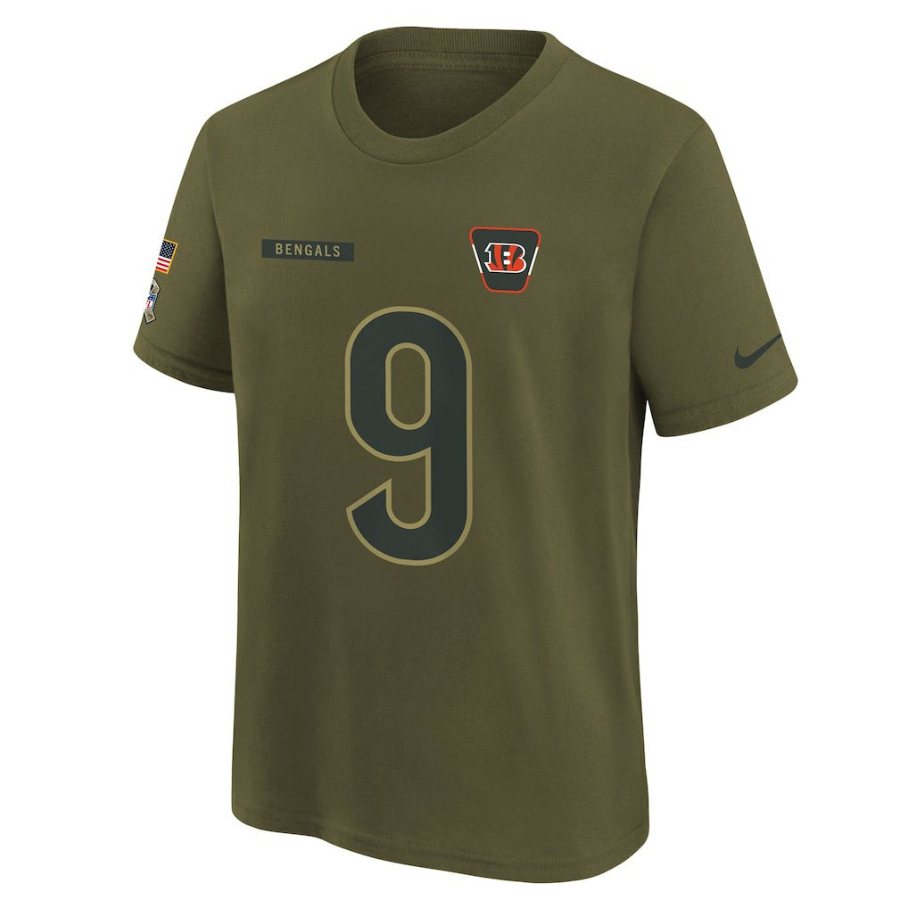 Joe Burrow Cincinnati Bengals Youth 2025 Salute to Service Name & Number T-Shirt Olive | Nike for Sale